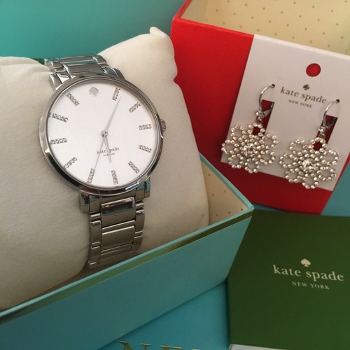 Orologio Kate Spade Gramercy Grande Bracciale Tono Argento + Cristallo Orecchini Pizzo Lotto