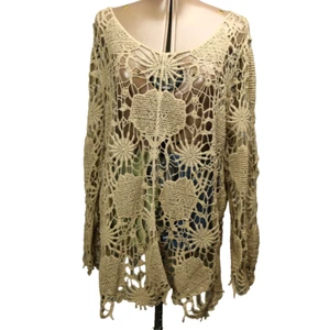 Top tejido de encaje de ganchillo manga larga transparente hippie boho festival tostado L/XL 46" - Imagen 1 de 20