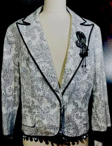 NUEVO ALBERTO MAKALI Blanco Negro Paisley Chaqueta Lentejuelas Prendedor Para Mujer Talla 14 - Imagen 1 de 12