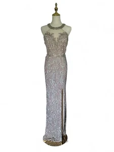 Mac Duggal Gown Sz 6 Halter Sequin Side Slit Beaded Silver Pink Nude Open Back - Picture 1 of 7