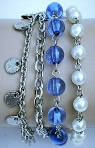 Handcrafted Artisan Rosary Bead Bracelet, 4 Strand, Silver Blue White Faux Pearl - Picture 1 of 4