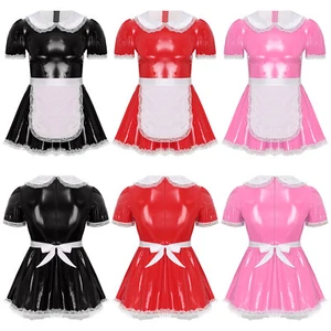 Sissy Mens French Maid Cosplay Costume Patent Leather Crossdress Outfit Clubwear - Picture 1 of 35