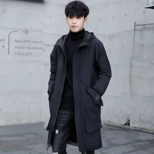 Men Trench Coat Spring/Autumn Loose Mid-Long Casual Hooded Jacket Windbreaker - Picture 1 of 9