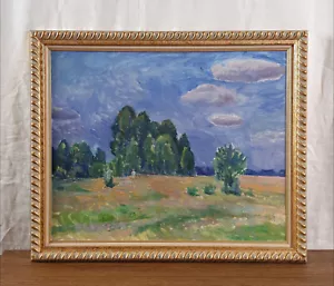 Passeggiata estiva, paesaggio cielo blu, dipinto ad olio vintage originale, artista Koshel - Foto 1 di 11