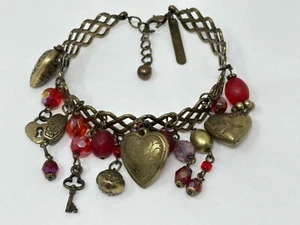 Margot Thompson Brass Heart Red Key Lock Love Themed Charm Bracelet - Picture 1 of 8