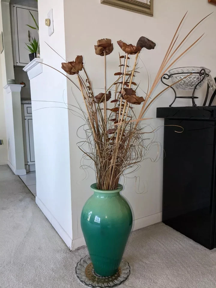 Florero de piso artificial de porcelana esmaltada verde sin marca - 14"h x 8" redondo Foto 1 de 1