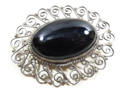 VTG Sterling Silver 925 Mexico oval Black Onyx pin brooch - Image 1 of 4