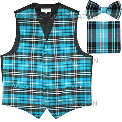 New Vesuvio Napoli Men's plaid Tuxedo Vest_Bowtie & Hankie set Turquoise blue - Image 1 of 4