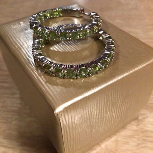 Stunning Signed DK Sterling Silver Hoop Earrings With Green Peridot Gemstones - Picture 1 of 8