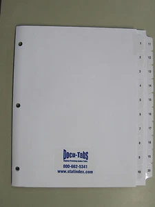 100 sets # 1-20 Numbered Index Tab Dividers 3 hole punched - Picture 1 of 1