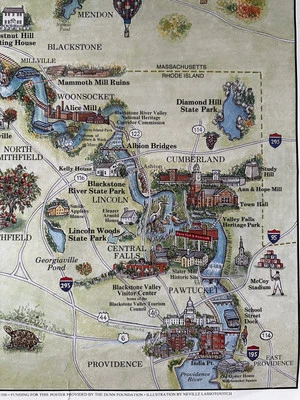 Blackstone River Valley MA Rhode Island desenho animado mapa do rio c.1985 promoção turística - Imagem 1 de 4