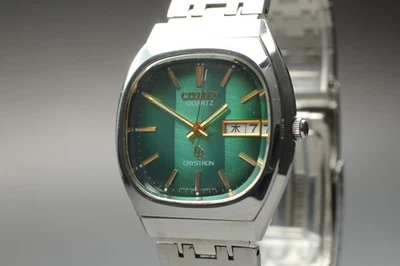 [Exc+5] CITIZEN CRYSTRON 7100 4-710100 Green Dial Quartz Mens Watch JAPAN - Image 1 of 4
