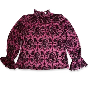 Unique Vintage Whimsigoth Wine Black La Catrina Velvet Burnout Blouse Leota 2X - Picture 1 of 8