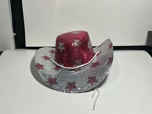 Cowgirl Hat Pink Silver Stars Sequins Women's Halloween Costume Accessory - Picture 1 of 4