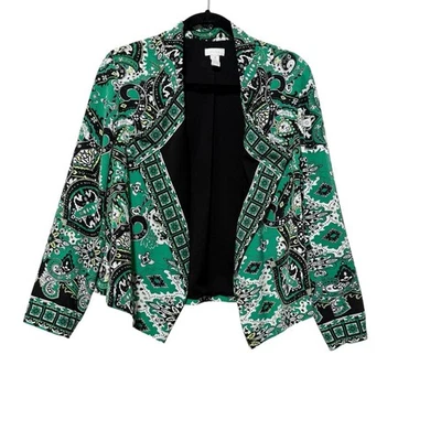 Blazer Chaqueta Para Mujer Chico Verde y Blanco Estampado Paisley Frente Abierto Talla 1 M Foto 1 de 4