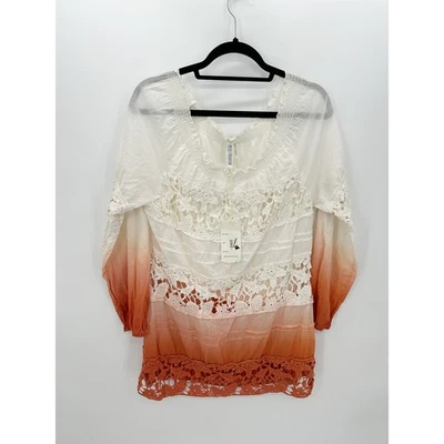 Monoreno Blouse Women Size M Boho Crochet Lace Ombre Peasant Top 3/4 Sleeve NWT - Image 1 of 4