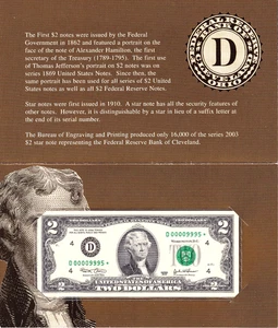 2003 $2 FRN Cleveland *STAR* with BEP Envelope, Low 16k Mintage #D00009995* - Picture 1 of 2