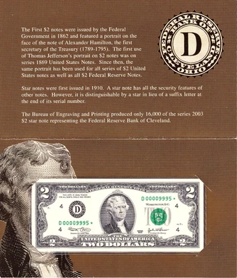 2003 $2 FRN Cleveland *STAR* with BEP Envelope, Low 16k Mintage #D00009995* - Image 1 of 2