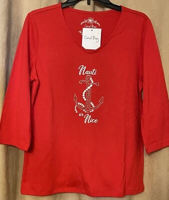 NUEVO CON ETIQUETAS Coral Bay NAUTI o BONITA Camisa de Playa Crucero Roja Ancla de Navidad Manga 3/4 S Foto 1 de 4