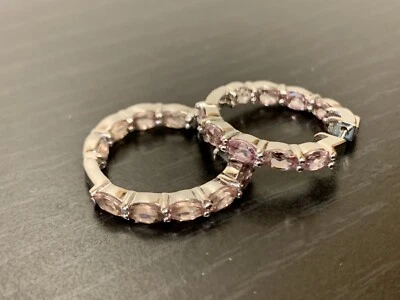 Hermosos aretes de aro de cuarzo rosa de plata de ley 925 Foto 1 de 4