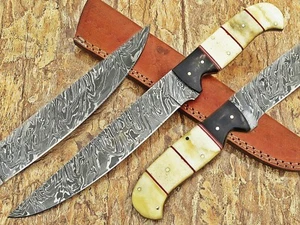 DAMASKUS STAHL SCHARFE JAGD BOWIE KÜCHENKOCHMESSER KAMELKNOCHENGRIFF & SCHÜLLE - Bild 1 von 7