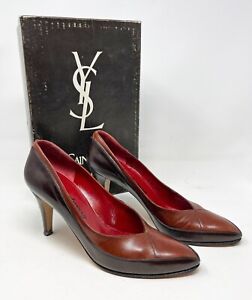 Vintage 1990’s YSL Paris Brown Leather Black Accent Heels 6 ½ N