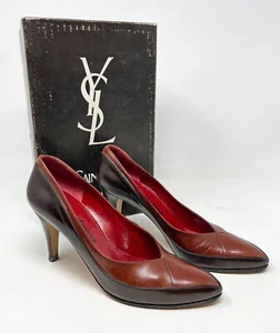 Vintage 1990’s YSL Paris Brown Leather Black Accent Heels 6 ½ N - Picture 1 of 11