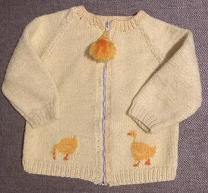 Vintage Toddler Crochet Sweater Yellow Ducks Pom Pom Zipper Size 4T Winter Wear - Picture 1 of 8