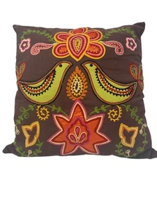 Appliquéd Embroidered Pillow Floral Birds Zipper Removable Logo Tag 16" x 16'' - Picture 1 of 8