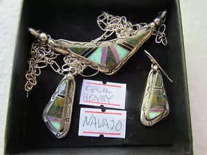 Navajo Signed Cecil Henry Sterling Silver Necklace + Earring set Opal Onyx Stone - Picture 1 of 17