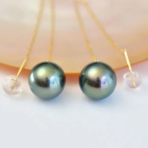 Charming AAA+ 10-11mm Real natural Tahitian black round pearl earrings 18k Gold - Picture 1 of 6