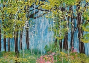 ACEO Original Gemälde FRÜHLINGSBÄUME Landschaft REGEN rosa Blumen Natur ATC ART - Bild 1 von 1