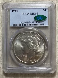 1934 Peace Dollar PCGS MS64 CAC Approved Nice Flashy Coin Great Luster - Picture 1 of 8