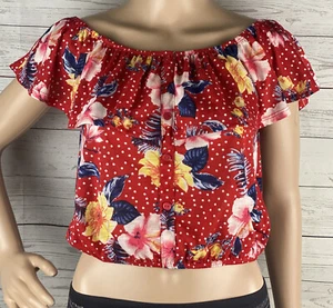 Almost Famous Crop Top Small Red Floral Polka Dot Ruffled Off The Shoulder Shirt - Picture 1 of 12