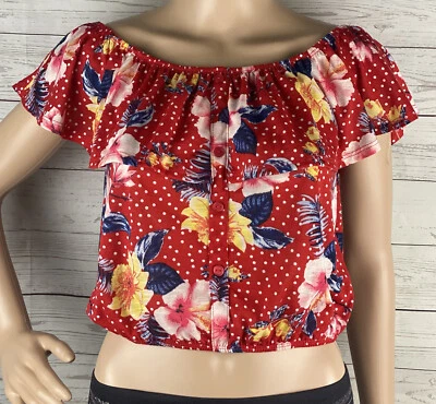 Almost Famous Crop Top Small Red Floral Polka Dot Ruffled Off The Shoulder Shirt - Image 1 of 4
