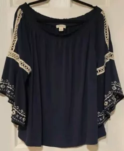 Style & Co 3X Navy con ricamo bianco boho maniche svolazzanti spalle scoperte - Foto 1 di 4
