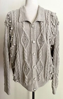 Vintage Chunky Cable Knit Sweater Cardigan Cream Poms Hand Knit Casual Corner L - Image 1 of 4
