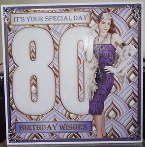 HANDMADE ART DECO 80th BIRTHDAY CARD FASHIONABLE LADY IN PURPLE - Picture 1 of 3