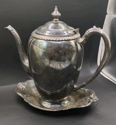 Vintage Fiesta Oneida Ltd 10” Teapot w/Int'l Silver Co. Tray Silverplate - Image 1 of 4