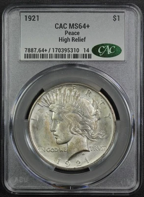 1921 High Relief Peace Silver Dollar $1 CACG MS 64+ Plus CAC - Image 1 of 4