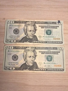 (2) US $20 Star Note Error Replacement Bills US Currency Average Circulated Cond - Picture 1 of 6