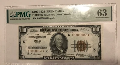 1929 Dallas Texas, $100 Federal Reserve Bank, Choice uncirculated, PMG 63, Scarc - Image 1 of 2