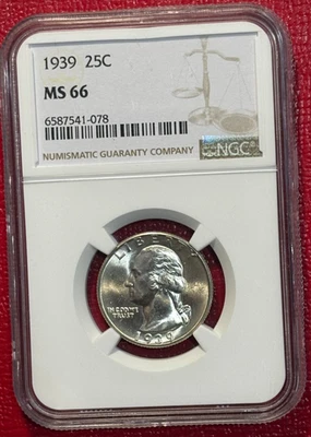 NGC MS66 1939 P WASHINGTON SILVER QUARTER-OLD US COIN-SEP225 - Image 1 of 4
