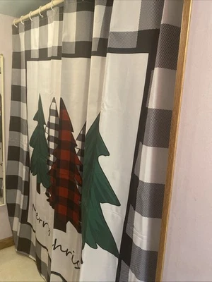 Cortina de Ducha Feliz Navidad - Decoración Festiva Vacacional Árboles A Cuadros Foto 1 de 4