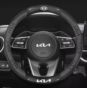 15" PU Leather+Carbon fiber Steering Wheel Cover For 1992-2025 Kia All Cars - Picture 1 of 13