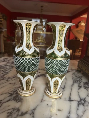 PAIR OF ANTIQUE GOLD PLATED HAND MADE BOHEMIAN MOSER TALL GLASS URNS, , 19C.  - Image 1 of 4