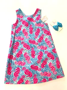Tommy Bahama Kids Blue + Pink Seahorse Dress w/ Hair Bow Girls Size 6 NEW NWT - Picture 1 of 10