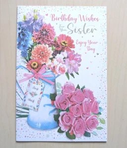 Geburtstagskarte Schwester 9"x6" Blumen Rosen Vase weiblich Damen Frauen Erwachsene - Bild 1 von 3