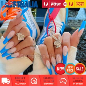 24pc Extra Long Blue Coffin Fake Nail Tips Glue On False Press On Artificial AU - Picture 1 of 5