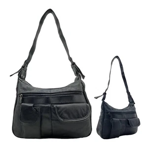 Vintage 80s 90s Medium Patchwork Leather Shoulder Bag Satchel Handbag BLACK - Picture 1 of 16